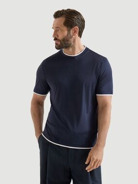 Brunello Cucinelli Navy T-shirt with grey trim/ faux-layering